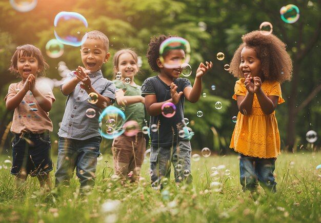Enfants jouant avec des bulles de savon