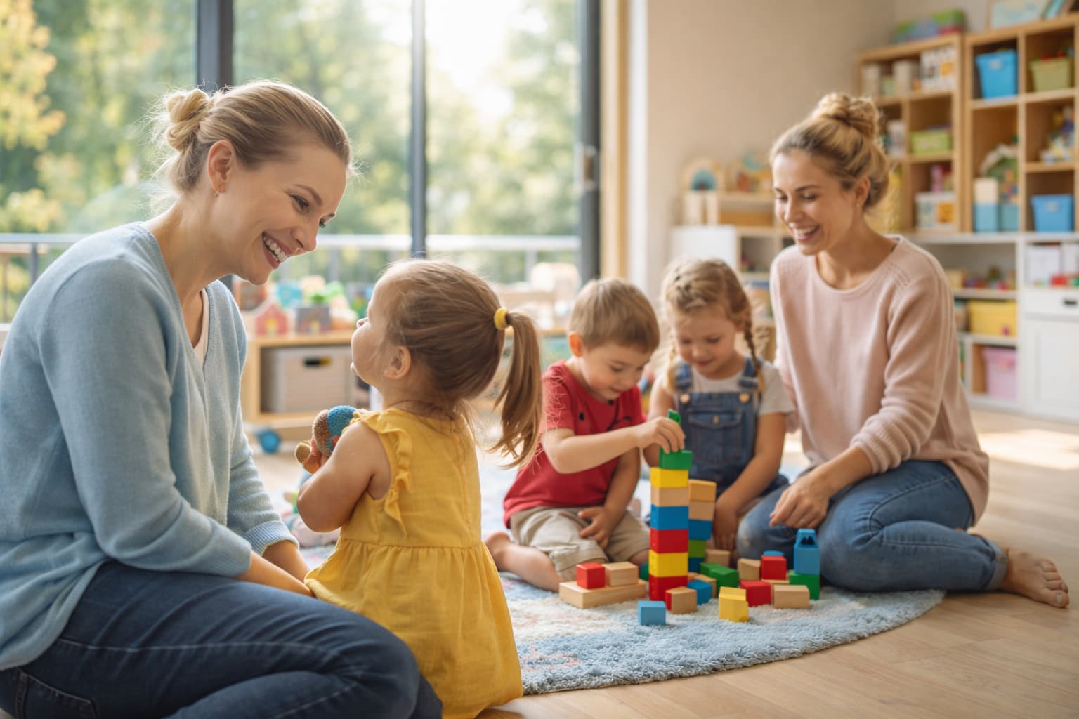 Éducatrice avec des enfants dans le jardin d'enfants
